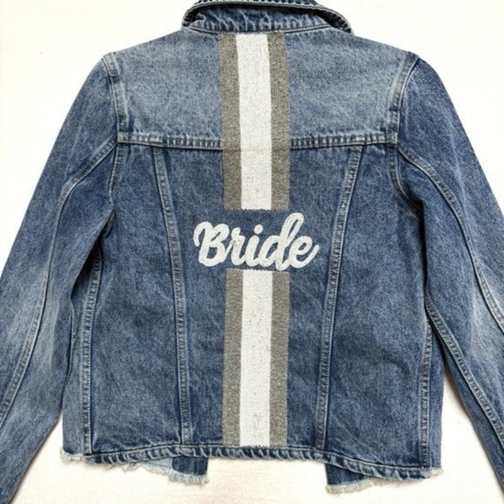 'Bride' Beaded Denim Jacket Blue Embellished Jean Jacket Frayed Hem Size S / M